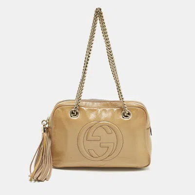Pre-owned Gucci Soho Disco Beige Patent Leather Camera Bag In Sand