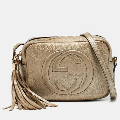 Pre-owned Gucci Soho Disco Camera Metallic Beige Leather Crossbody Bag In Silver
