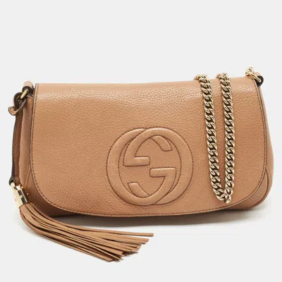 Pre-owned Gucci Soho Disco Chain Beige Leather Crossbody Bag In Sand