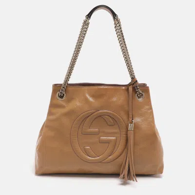 Pre-owned Gucci Soho Medium Beige Patent Leather Tote In Sand