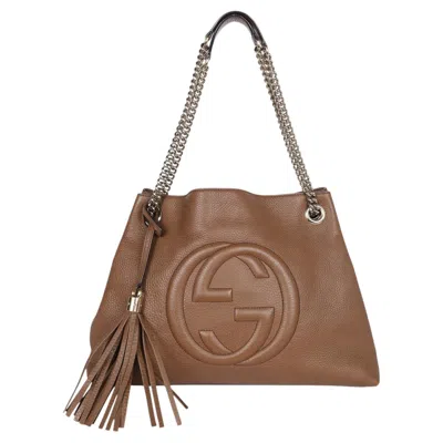 Pre-owned Gucci Soho Tote Bag Brown Pebbled Leather With Gg Logo & Fringe Detail