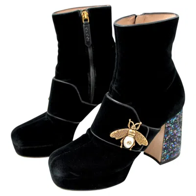 Pre-owned Gucci Soko Bee Black Velvet Platform Ankle Boots With Glitter Heel