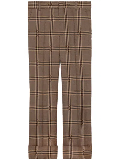 Gucci Sophisticated Checkered Design Wool Trousers For Women In Beige