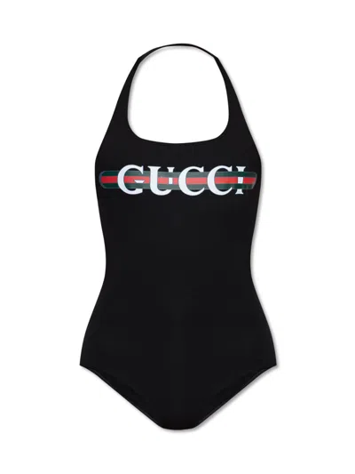 Gucci Sparkling Logo One Piece Swimsuit In Black