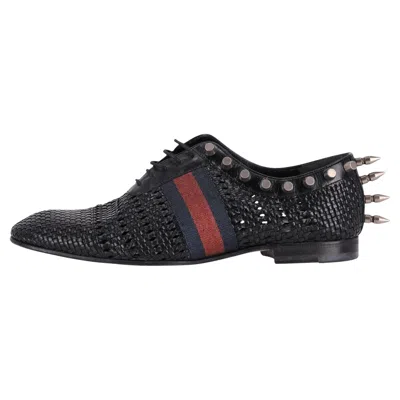 Pre-owned Gucci Spike Detailed Woven Leather Web Stripe Derby Shoes In Black