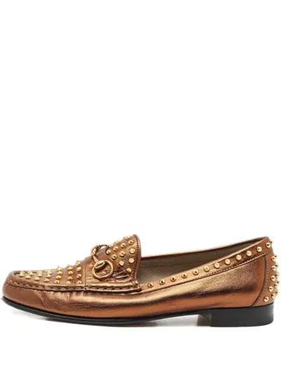 Pre-owned Gucci Spike-embellished Leather Loafers In Gold