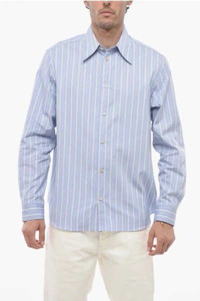 Gucci Spread Collar Cotton Shirt With Balanced Stripe Motif In Blue
