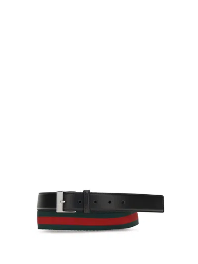 Gucci Square Buckle Striped Web Belt In Black