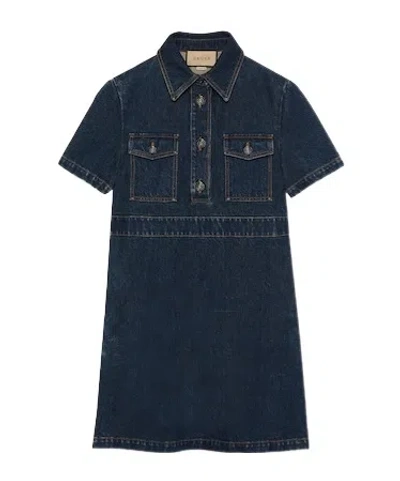 Gucci Square G-buttons Denim Dress In Dark Blue