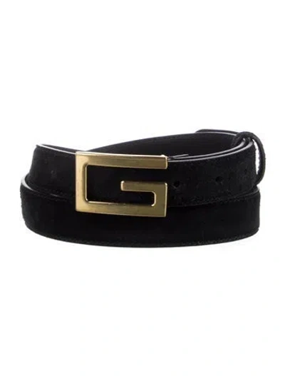 Pre-owned Gucci Square G Suede Belt Skinny Belt In Black