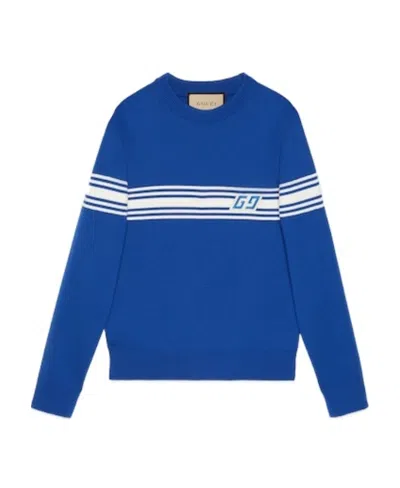 Gucci Square Gg-patch Wool Jumper In Blue