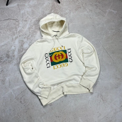 Pre-owned Gucci Square Gg Box Logo Distressed Hoodie In Cream