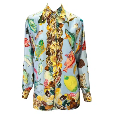 Pre-owned Gucci S/s 1992  Runway Ad Blue Sea Life Fish Print Gg Logo Button Up Blouse It38