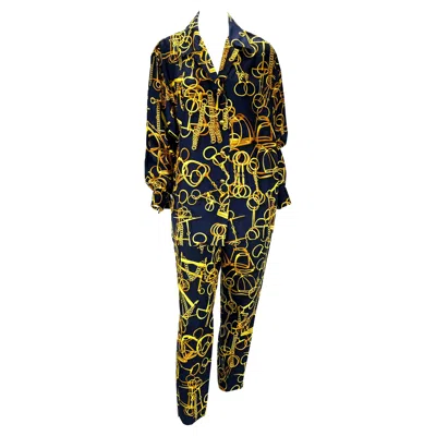 Pre-owned Gucci S/s 1993  Navy Gold Horsebit Print Silk French Cuff Blouse Linen Pants It42 In Blue