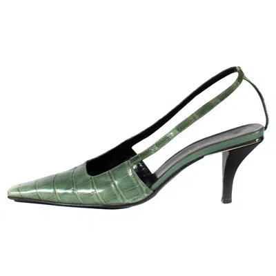 Pre-owned Gucci S/s 1998  By Tom Ford Light Green Alligator Kitten Heels Crystal G