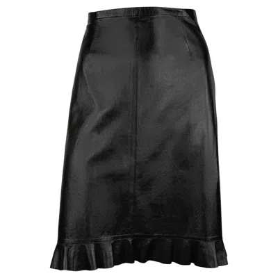 Pre-owned Gucci S/s 1999  By Tom Ford Black Leather Ruffle Trim Pencil Skirt It44