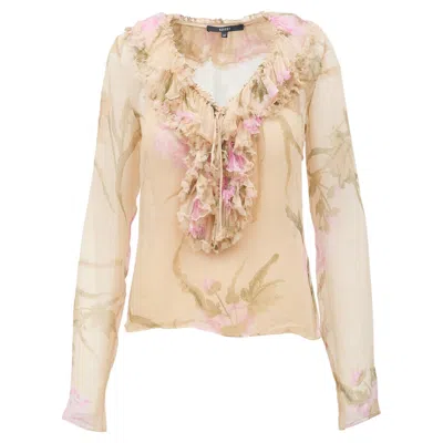 Pre-owned Gucci Ss 2003 Tom Ford Sheer Beige Pink Floral Ruffle Blouse It 42