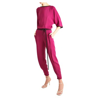 Pre-owned Gucci S/s 2014 Silk Magenta Black Backless Dolman Tapered Pant Jumpsuit In Red