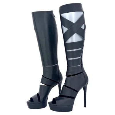 Pre-owned Gucci Ss2010 Helena Babylon Cutout Bondage Knee High Platform Boots Sandals 37.5 In Black