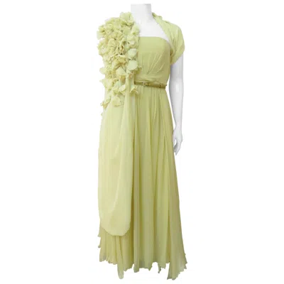 Pre-owned Gucci Ss2011 Chartreuse Runway Strapless Gown, Flower Applique Wrap & Hot Pants In Sand