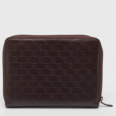 Pre-owned Gucci Ssima Leather Agenda Cover In Brown