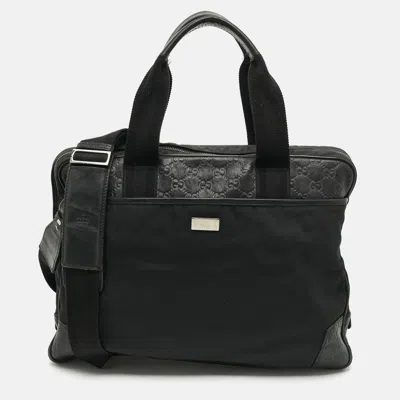 Pre-owned Gucci Ssima Leather And Nylon Briefcase Bag In Black