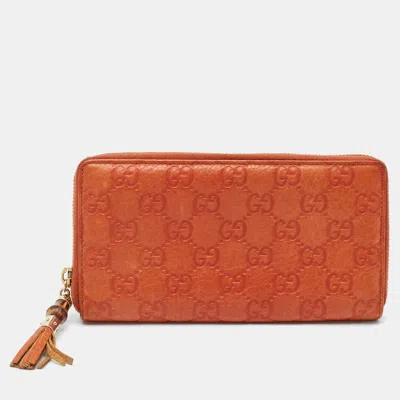 Pre-owned Gucci Ssima Leather Bamboo Tassel Zip Around Wallet In Orange