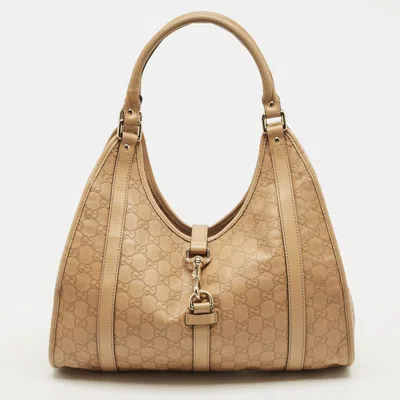 Pre-owned Gucci Ssima Leather Bardot Joy Tote In Sand