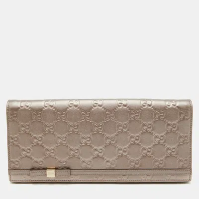 Pre-owned Gucci Ssima Leather Bow Continental Wallet In Silver