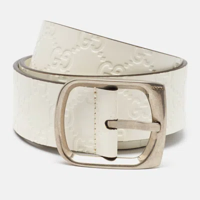 Pre-owned Gucci Ssima Leather Buckle Belt 90 Cm In White