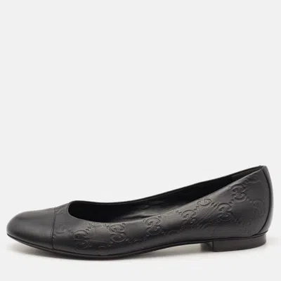 Pre-owned Gucci Ssima Leather Cap Toe Ballet Flats Size 37.5 In Black