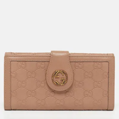 Pre-owned Gucci Ssima Leather Continental Wallet In Sand