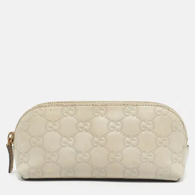 Pre-owned Gucci Ssima Leather Cosmetic Zip Pouch In White