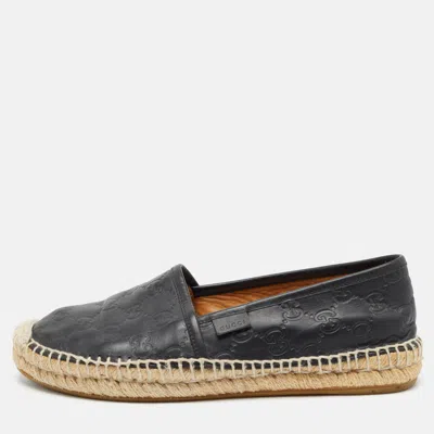 Pre-owned Gucci Ssima Leather Espadrille Flats Size 37.5 In Black