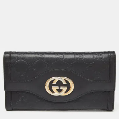 Pre-owned Gucci Ssima Leather Flap Continental Wallet In Black