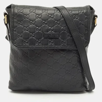 Pre-owned Gucci Ssima Leather Flap Messenger Bag In Black