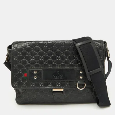 Pre-owned Gucci Ssima Leather Flap Messenger Bag In Black
