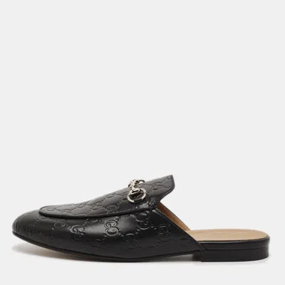Pre-owned Gucci Ssima Leather Flat Mules In Black