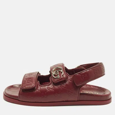 Pre-owned Gucci Ssima Leather Flat Sandals In Burgundy