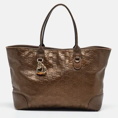 Pre-owned Gucci Ssima Leather Heart Charm Tote In Brown