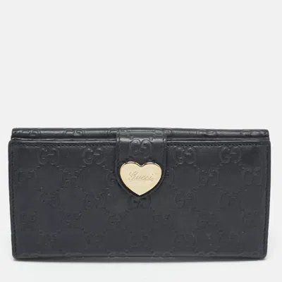 Pre-owned Gucci Ssima Leather Heart Flap Continental Wallet In Black