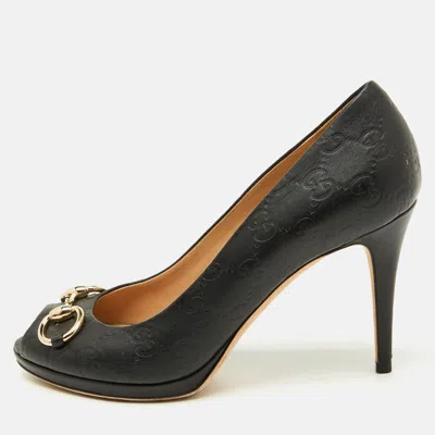 Pre-owned Gucci Ssima Leather Horsebit Hollywood Peep Toe Pumps Size 39 In Black