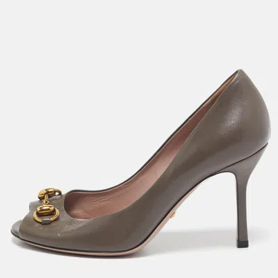 Pre-owned Gucci Ssima Leather Horsebit Open Toe Pumps Size 36 In Green