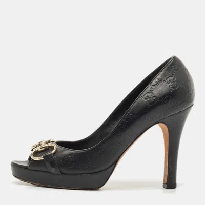 Pre-owned Gucci Ssima Leather Horsebit Peep Toe Pumps Size 37 In Black