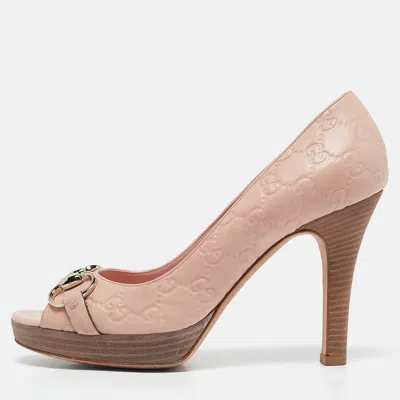 Pre-owned Gucci Ssima Leather Horsebit Peep Toe Pumps Size 38.5