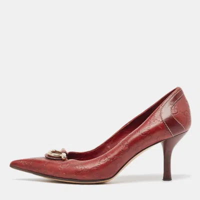 Pre-owned Gucci Ssima Leather Icon Bit Pointed Toe Pumps Size 36.5 In Red