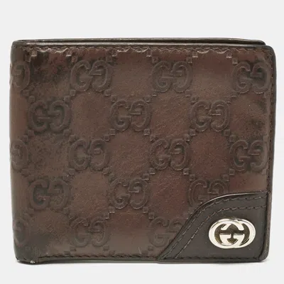 Pre-owned Gucci Ssima Leather Interlocking G Bifold Wallet In Brown