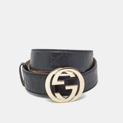 Pre-owned Gucci Ssima Leather Interlocking G Buckle Belt 100cm In Black