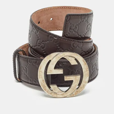 Pre-owned Gucci Ssima Leather Interlocking G Buckle Belt 105cm In Brown