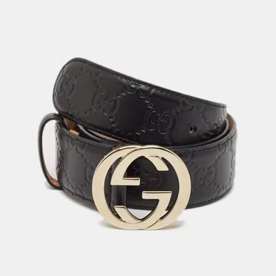 Pre-owned Gucci Ssima Leather Interlocking G Buckle Belt 80 Cm In Black